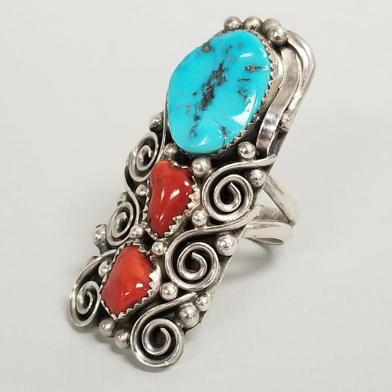 Large Southwest silver, turquoise & coral ring- 20g, size 9, 2"L (1 of 9)