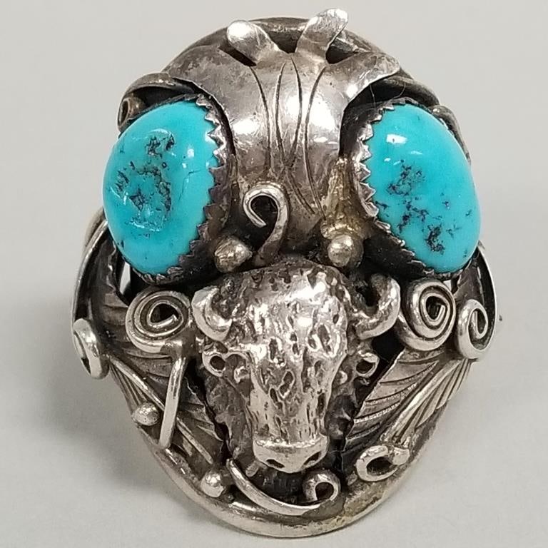 Southwest silver & turquoise buffalo head motif ring- 15g, size 10, 1 1/4" at widest: Southwest silver & turquoise buffalo head motif ring- 15g, size 10, 1 1/4" at widest