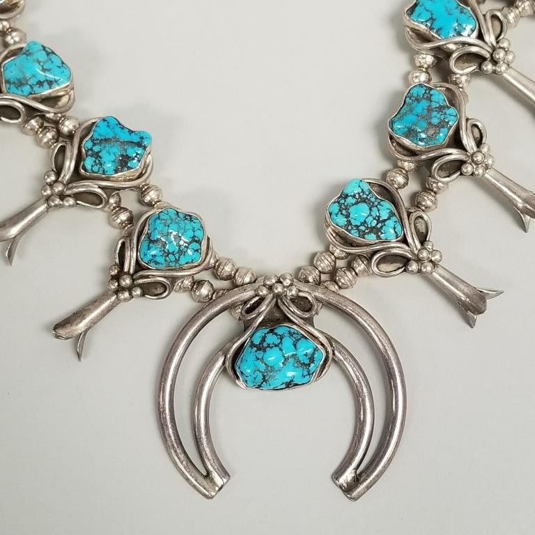 Sterling silver & turquoise squash blossom necklace signed FG- 132g, 24"L, naja 2" x 2 3/8" (1 of 16)