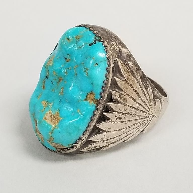 Sterling silver & turquoise ring signed RLB- 24.7g, size 10 1/2, 1" x 5/8" stone (1 of 10)