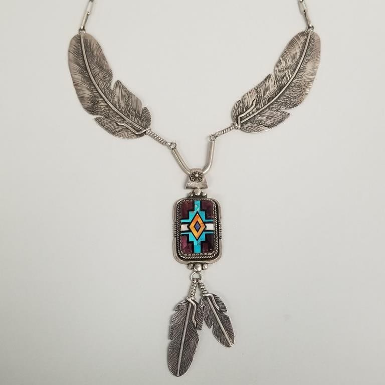 Signed Southwest sterling silver stone inlaid pendant necklace w/ feather motif- 137.7g, 26 1/2"L,: Signed Southwest sterling silver stone inlaid pendant necklace w/ feather motif- 137.7g, 26 1/2"L, pendant 6"L