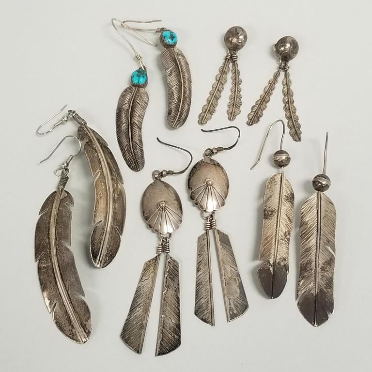 5 pr Southwest silver feather motif earrings- 45g total, 3 3/4" longest overall dimensions: 5 pr Southwest silver feather motif earrings- 45g total, 3 3/4" longest overall dimensions