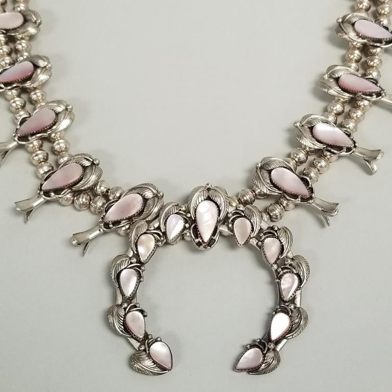 R. Tom signed sterling silver squash blossom necklace w/ mother of pearl inlay- 157.7g, 18 1/2"L,: R. Tom signed sterling silver squash blossom necklace w/ mother of pearl inlay- 157.7g, 18 1/2"L, naja 3 1/4" x 3 3/8"