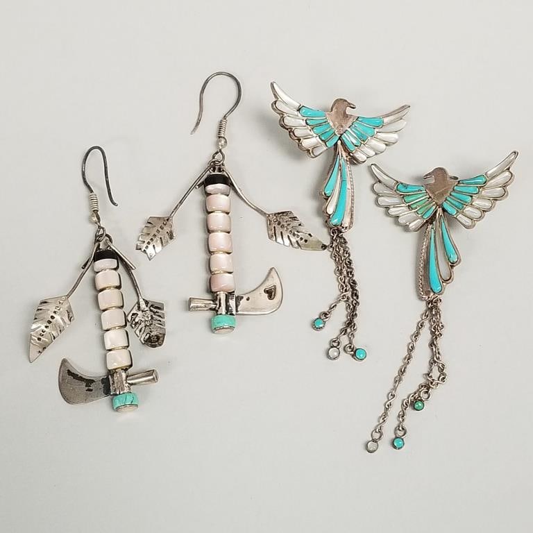 Pair silver, turquoise & mother of pearl inlaid bird earrings w/ dangles- 12.5g total, 3" overall: Pair silver, turquoise & mother of pearl inlaid bird earrings w/ dangles- 12.5g total, 3" overall length- no backs