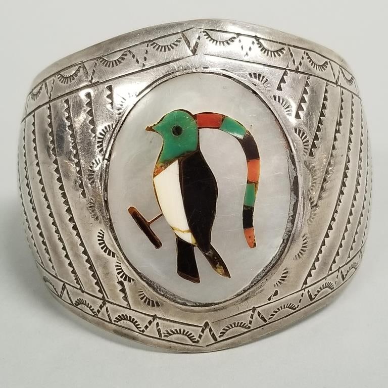 Vintage Southwest silver cuff bracelet w/ stone, etc. inlay bird motif- 81.8g, 2 3/8" at widest, 1 (1 of 9)