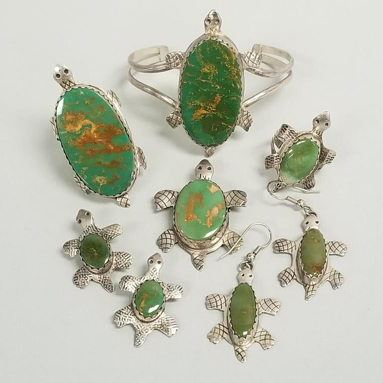 6 pcs Southwest sterling silver & turquoise turtle motif jewelry- 5 signed D.S. incl bracelet, (1 of 16)