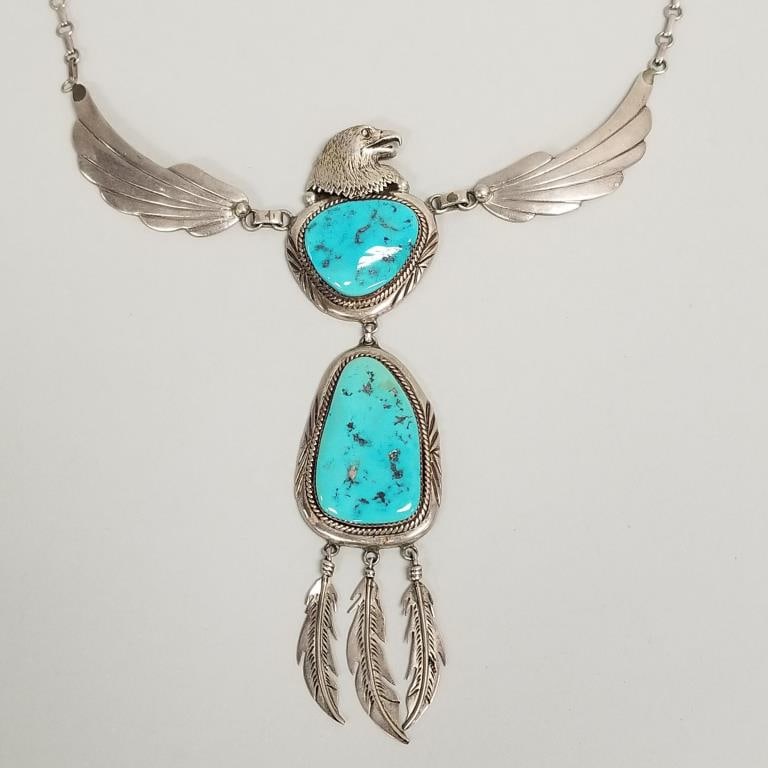 Southwest sterling silver & turquoise eagle motif necklace signed JPJ- 81.4g, 22"L necklace, 6"L (1 of 15)
