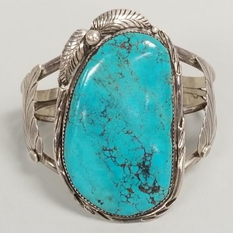 Southwest sterling silver & turquoise cuff bracelet signed B.P.- 74.2g, 2 3/8" x 1 3/8" stone, 1 (1 of 8)