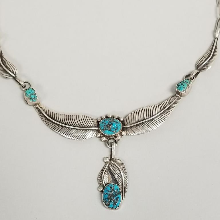 Southwest silver & turquoise pendant necklace signed VJ- 31.3g, 19"L, 1 1/2" pendant (1 of 12)