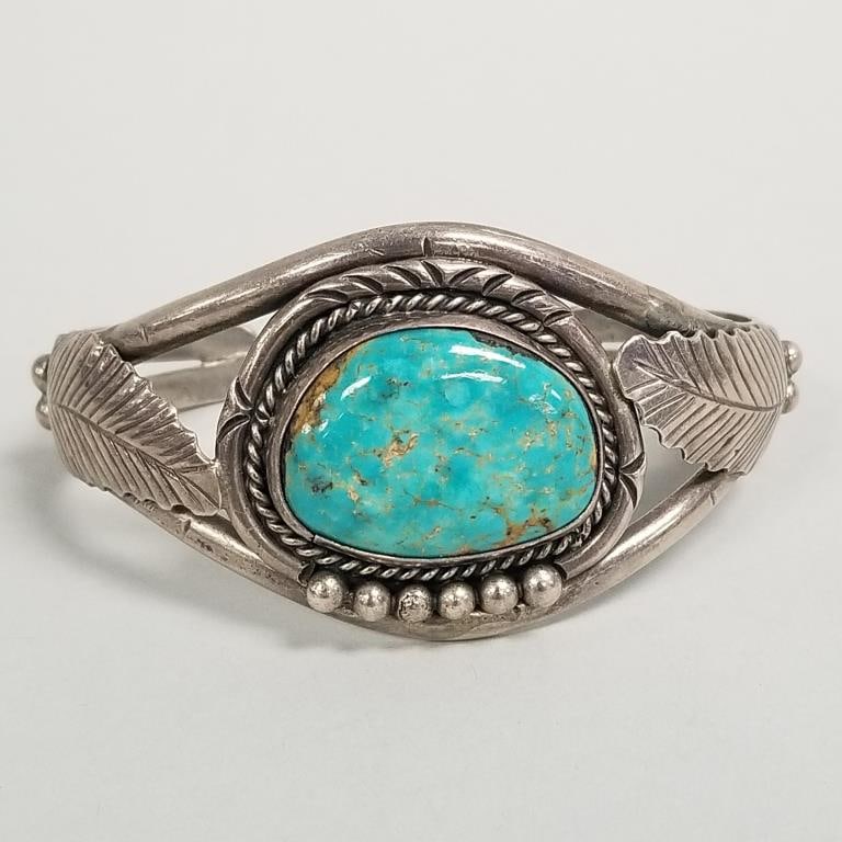 Signed Southwest silver & turquoise cuff bracelet- 38.4g, 1 1/2" at widest, 1 1/8" gap, 2 1/2" (1 of 9)