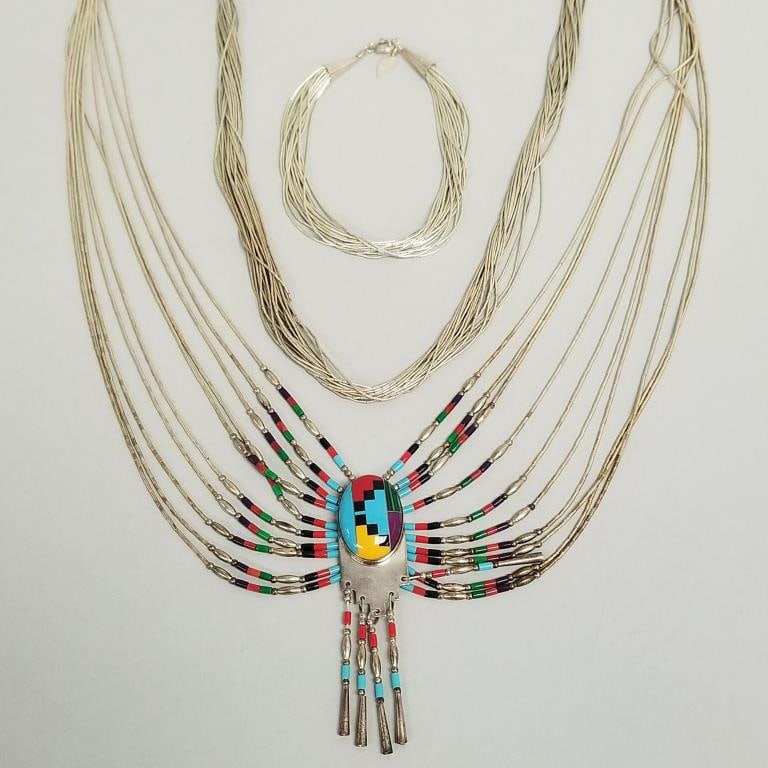 3 pcs liquid silver jewelry: 2 necklaces (1 inlaid & 1 signed R.B.) & 1 bracelet- 21" longest (1 of 18)
