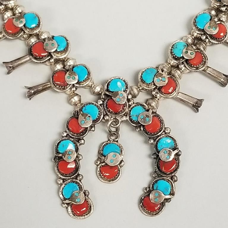 Effie C. Zuni signed silver squash blossom necklace s/w turquoise & coral- 92.7g, 21"L, naja 2 1/2" (1 of 14)