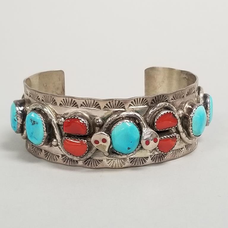 Effie C. Zuni signed silver cuff bracelet set with turquoise & coral- 61.2g, 1"W, 1 3/8"gap, 2 5/8" (1 of 9)