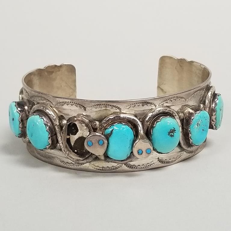 Effie C. Zuni signed silver cuff bracelet set with turquoise- (one stone loose) 60.8g, 1"W, 1 (1 of 10)