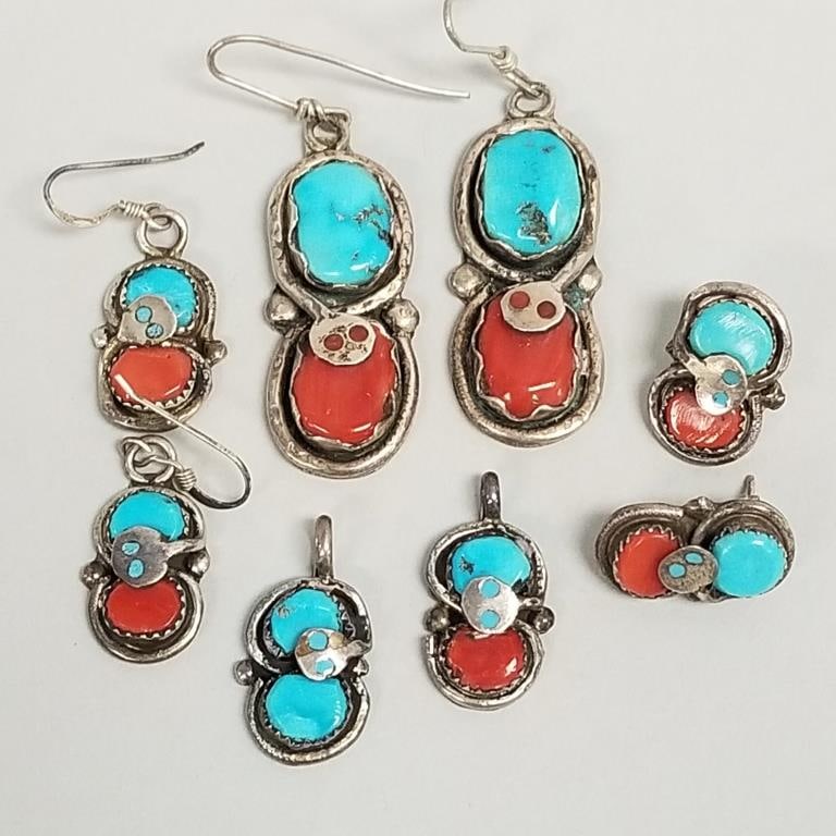 5 pieces Effie C. Zuni signed silver jewelry set with turquoise, coral: 3 pr earrings & 2 pendants- (1 of 17)
