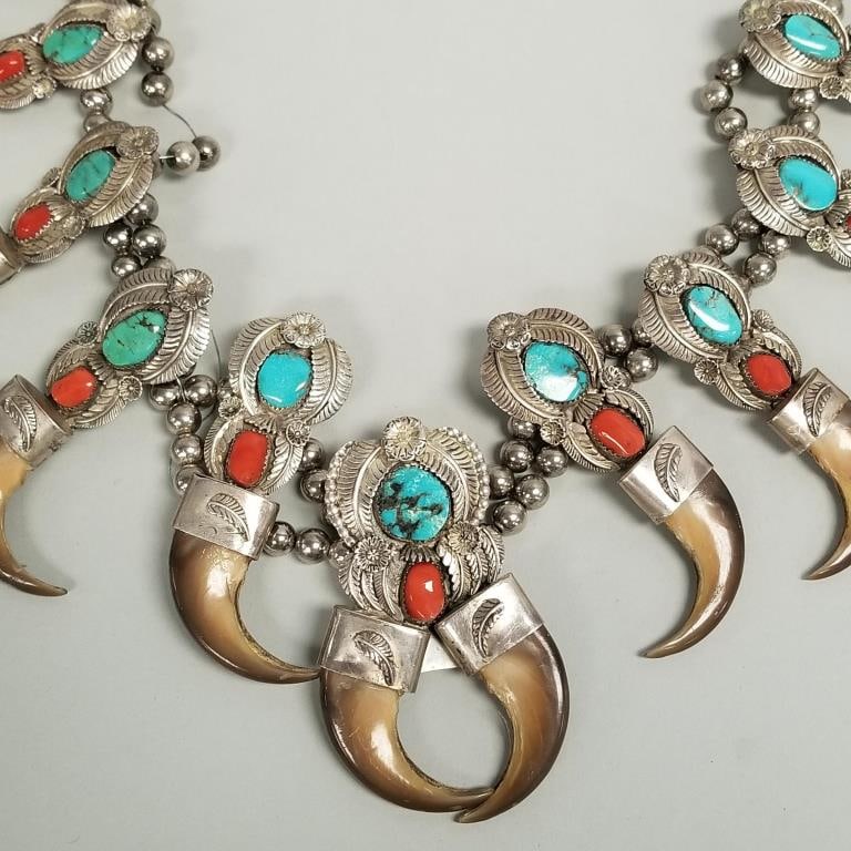Native American claw silver squash blossom necklace set with turquoise & coral signed Son of Bear-: Native American claw silver squash blossom necklace set with turquoise & coral signed Son of Bear- 315.5g 28 1/2"L, naja 3 3/8" x 2", 3 1/4" longest squash (as seen- needs restringing)