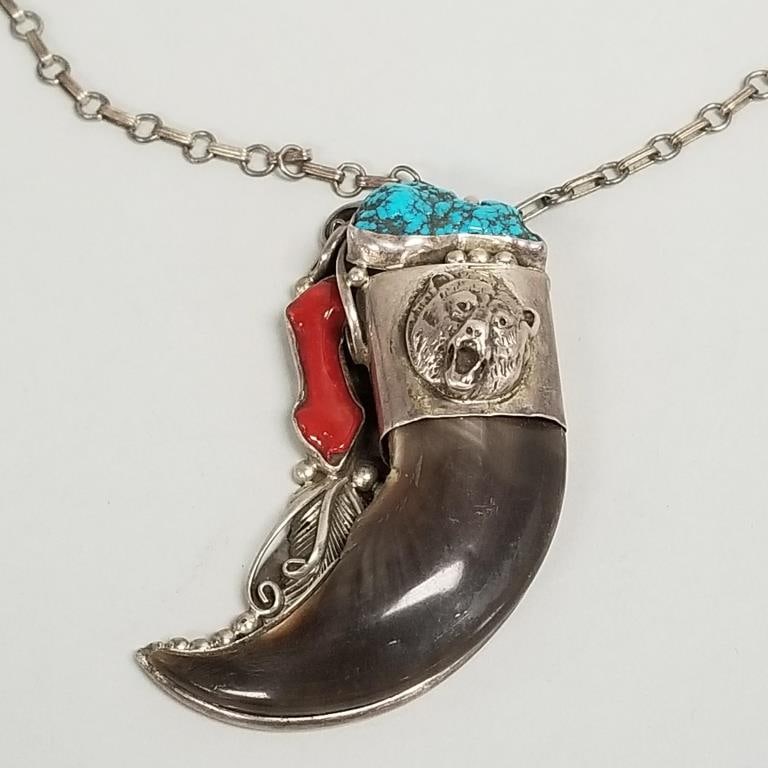 Signed IG large claw pendant set in sterling silver with turquoise & coral on silver chain- 62.2g, 3 (1 of 10)