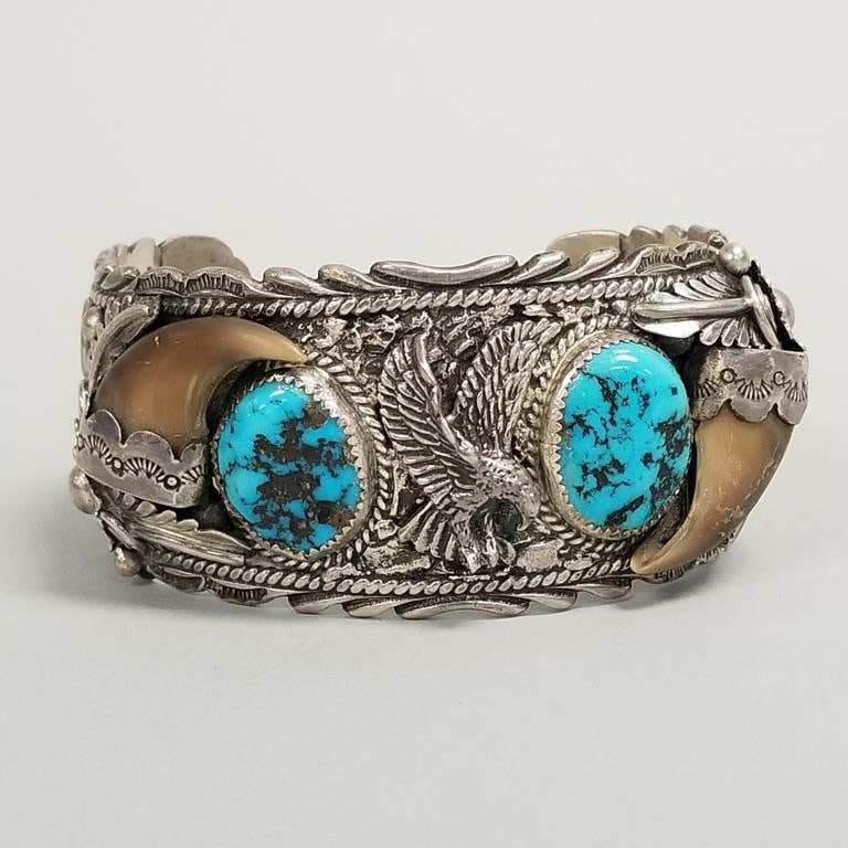 Ahasteen signed sterling silver cuff bracelet set with claws & turquoise- 106g, 1 1/2"W, 1 3/8" gap,: Ahasteen signed sterling silver cuff bracelet set with claws & turquoise- 106g, 1 1/2"W, 1 3/8" gap, 2 3/4" interior diameter