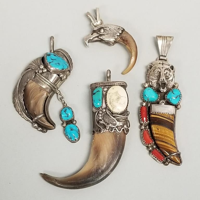 4 Southwest claw motif pendants- 2 signed & marked sterling silver- some set with turquoise, etc- (1 of 18)