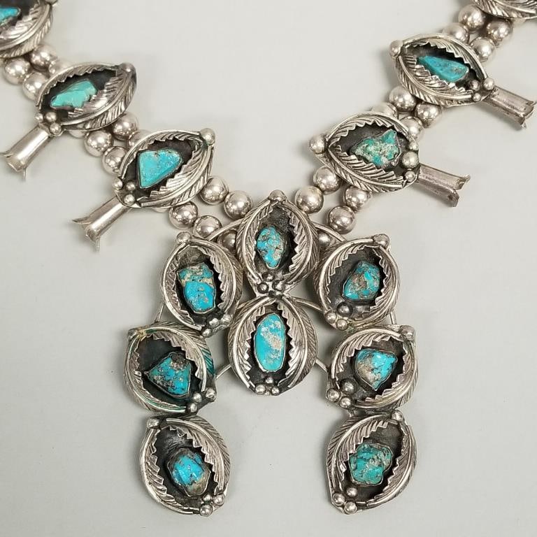 Southwest silver & turquoise squash blossom necklace signed AK- 241.3g, 26"L, naja 3 1/4" x 2 7/8" (1 of 13)