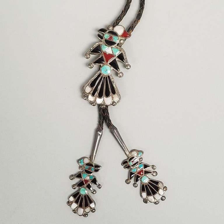Vintage Zuni thunderbird inlaid silver bolo- 45.5g total, 18"L, 2 5/8" centerpiece (1 of 8)