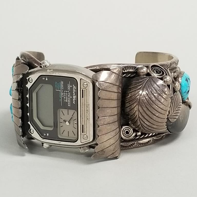 Heavy Southwest silver claw watch cuff set with turquoise & coral- 140g, 1 1/2"W, 1 3/4" gap, 2 5/8": Heavy Southwest silver claw watch cuff set with turquoise & coral- 140g, 1 1/2"W, 1 3/4" gap, 2 5/8" interior diameter with Seiko Silverwave watch (not working)