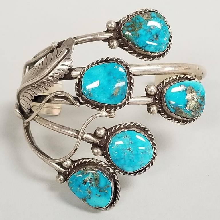 Plateroine Navajo signed silver & turquoise cuff bracelet- 51g, 3" at widest, 1 1/2" gap, 2 5/8" (1 of 12)