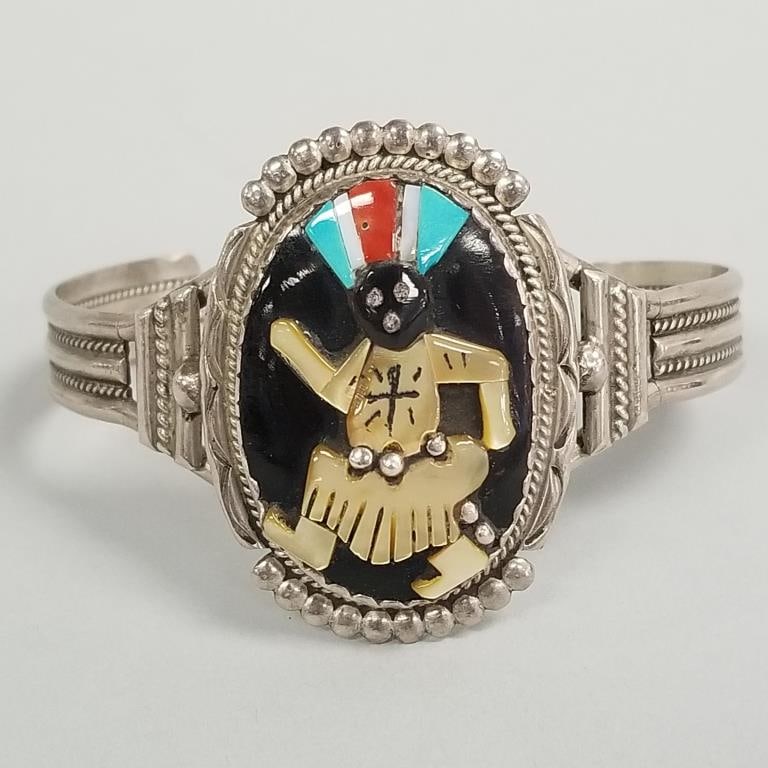 Bev Etsate Zuni signed silver cuff bracelet with inlaid stone, etc. Kachina figure- 29.3g, 1 5/8" at (1 of 11)