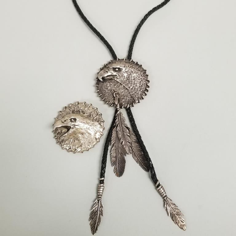 2 pcs Bentall Southwest sterling silver- 196g total: eagle motif bolo- 19"L & buckle- 2 3/8" x 2 (1 of 17)