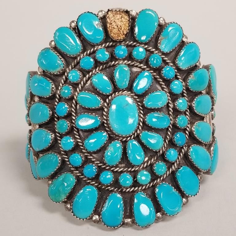 Large vintage Southwest silver & turquoise cluster cuff bracelet- 72.6g, 3" at widest, 1 1/4" gap, 1: Large vintage Southwest silver & turquoise cluster cuff bracelet- 72.6g, 3" at widest, 1 1/4" gap, 1 1/2" interior diameter (as seen- missing one stone)