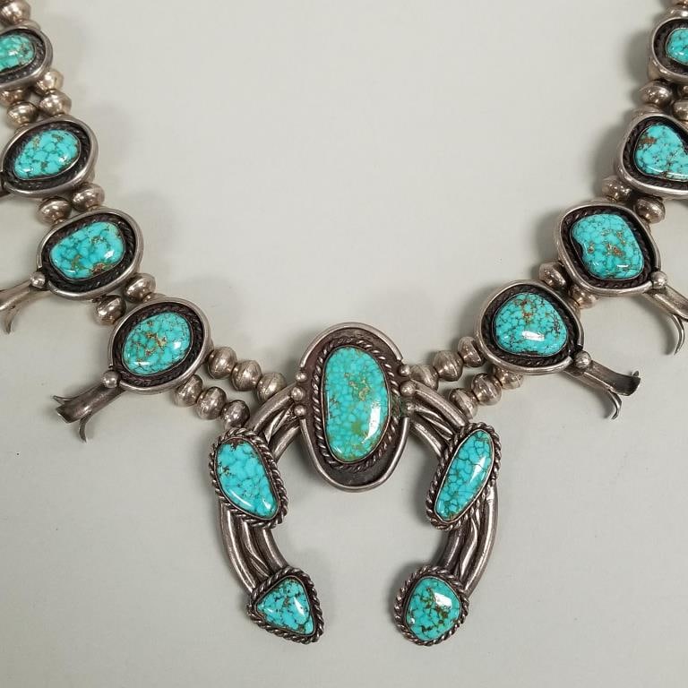 Southwest silver & turquoise squash blossom necklace- 237.8g, 26"L, naja 2 3/4" x 2 5/8", 1 1/2" (1 of 15)