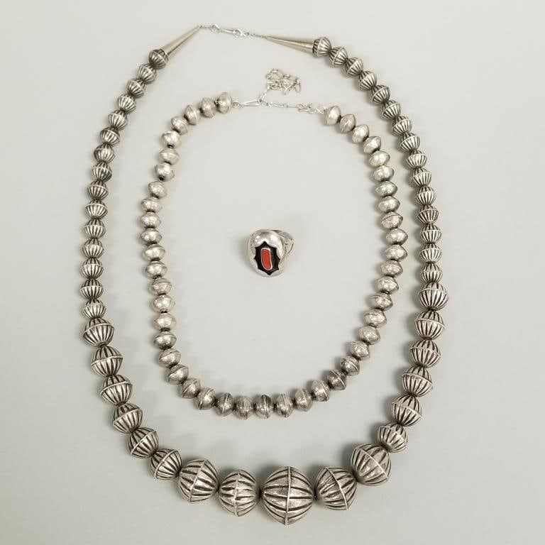 3 pieces Southwest silver jewelry: 2 bead necklaces (25" & 21") & 1 coral ring- 81.3g total, size 7: 3 pieces Southwest silver jewelry: 2 bead necklaces (25" & 21") & 1 coral ring- 81.3g total, size 7 1/2