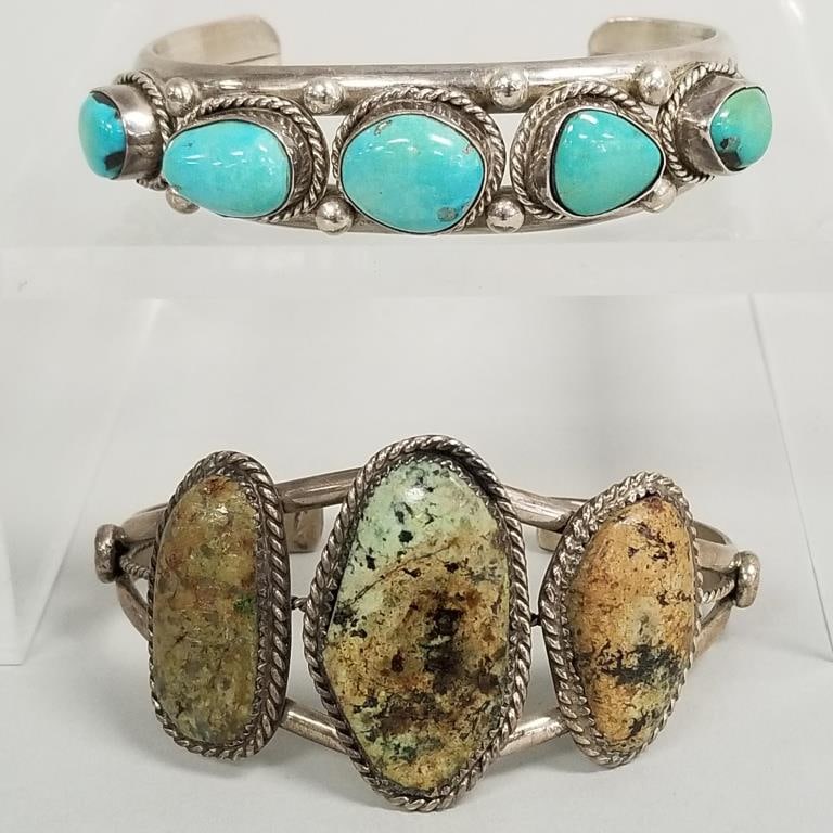 2 signed Southwest silver & turquoise, etc. cuff bracelets- 85.7g total, largest stone cuff 1 1/2" (1 of 18)