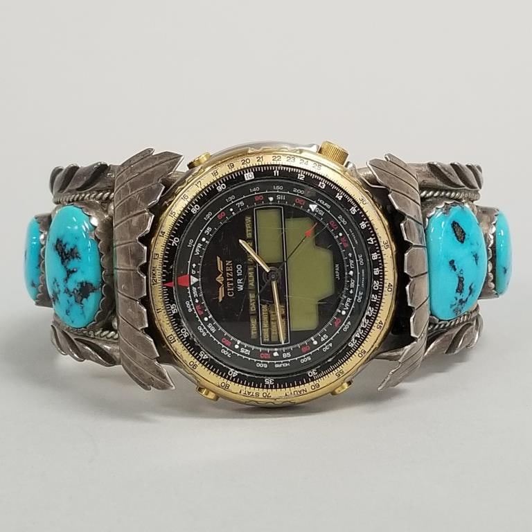 Signed sterling silver & turquoise watch cuff- (bee symbol GAY) 131.2g total incl Citizen WR100 (1 of 11)