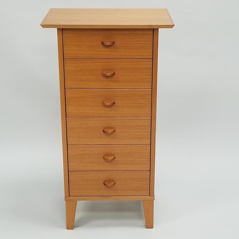 Danish teak 6-drawer narrow cabinet- 37 1/2"H, 20 1/2"W 13 3/4"D (1 of 11)