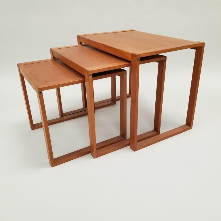 Teak 3 pc nesting tables s/w finger joint design- 19 5/8"H 24 3/8"W 16 1/2"D largest (1 of 11)