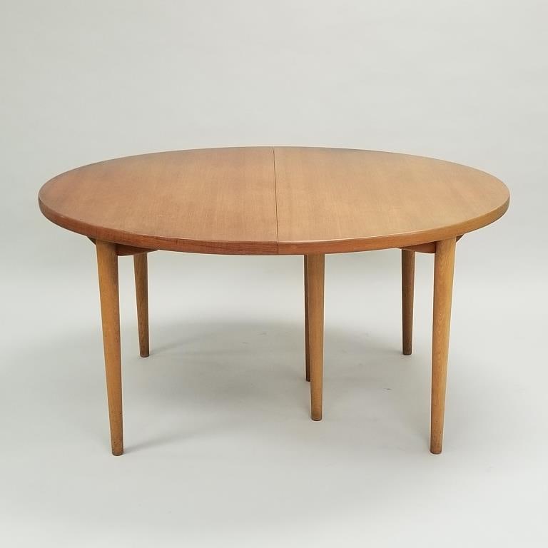 Swedish dining table w/ teak top & oak legs with four 19.5" leaves- 28"H 54 1/2"W 47"D (1 of 10)