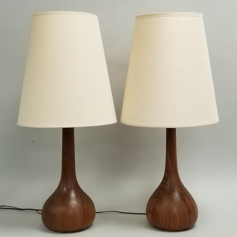 Pair of mid-century Danish modern teak wood bulbous sculptured table lamps- 26 3/4"H 8"D (not: Pair of mid-century Danish modern teak wood bulbous sculptured table lamps- 26 3/4"H 8"D (not including shades)