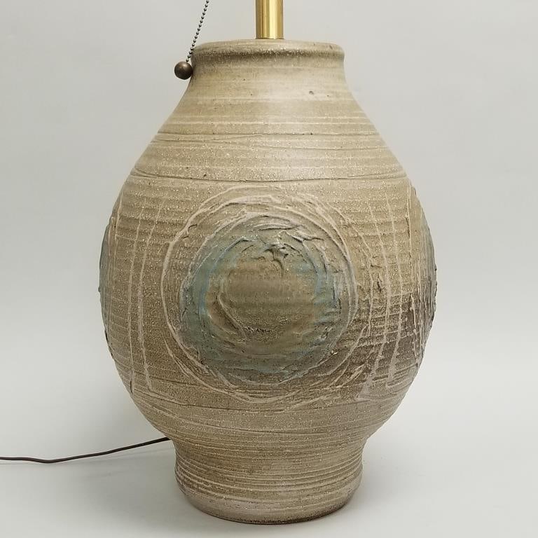 Affiliated Craftsmen hand thrown pottery lamp- with decal- 34"H overall including harp (1 of 12)
