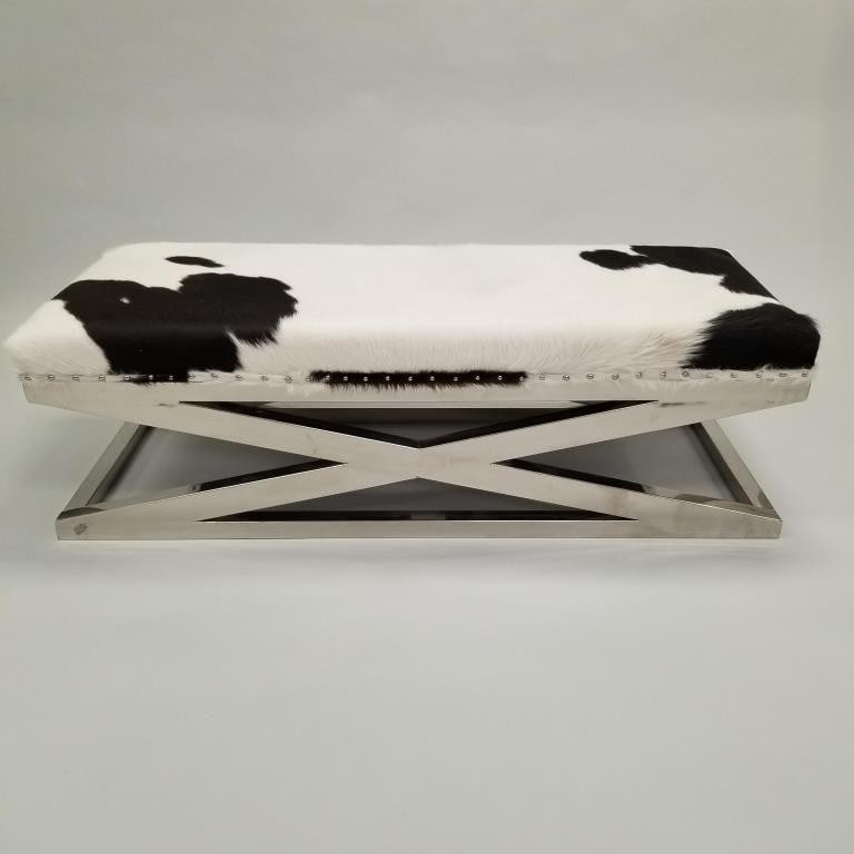 Post modern "X" base bench with cowhide upholstery 17.5"H 56"W 22"D (1 of 12)