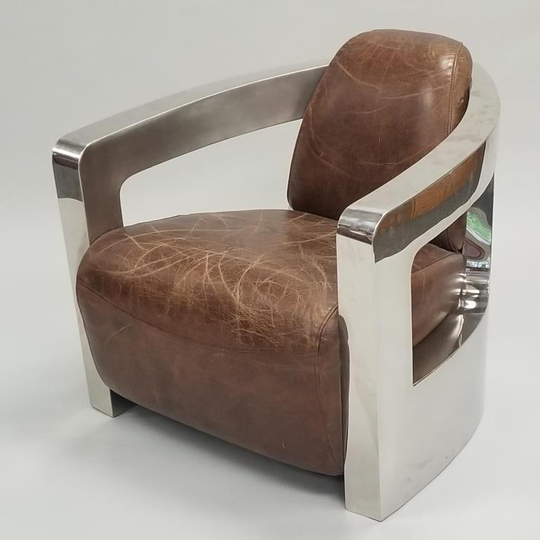 Halo aviator style polished aluminum & leather club chair- 28 1/2"H 29"W 32"D (1 of 13)