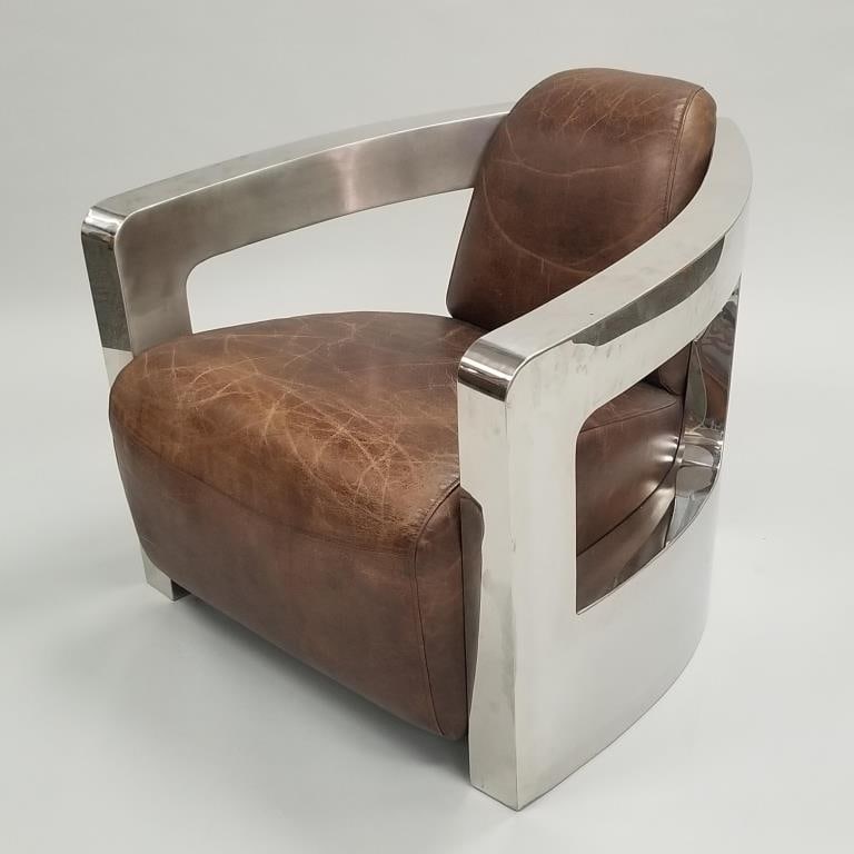 Halo aviator style polished aluminum & leather club chair- 28 1/2"H 29"W 32"D (1 of 13)