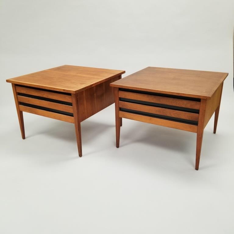 Pair mid-century walnut single drawer end tables- Zipperman- Mpls, MN retail labels- 21 1/4"H 27 (1 of 15)