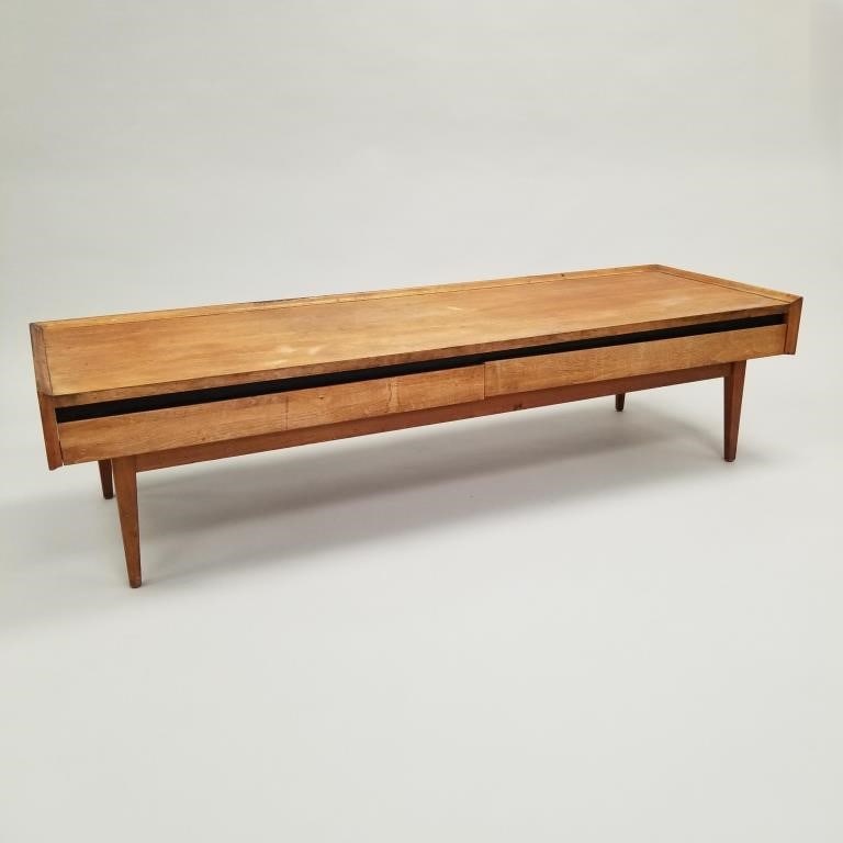 Mid-century walnut coffee table with 2 drawers- (wear to finish) 15"H 60"W 19 3/4"D (1 of 17)