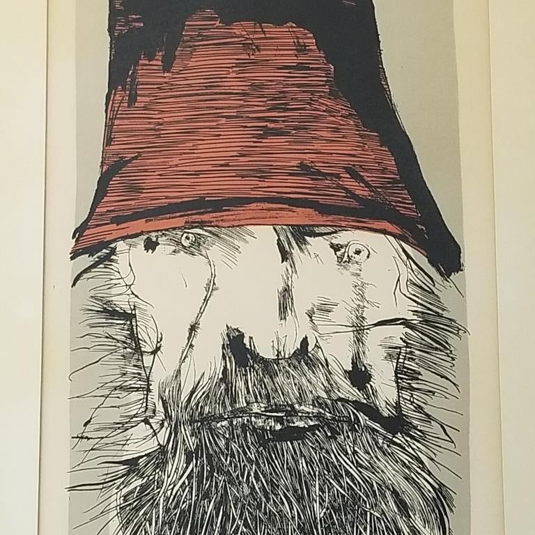 Leonard Baskin colored litho "Ahab with Red Hat"- 24 1/4"H 18 1/4"W framed O.D. (1 of 9)