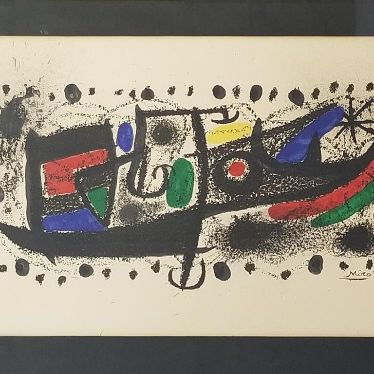 Joan Miro colored litho "Star Scene" with C.O.A.- (mat burn) 18 1/4"H 24 1/4"W framed O.D. (1 of 9)