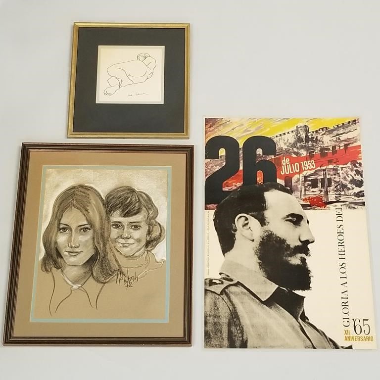3 pieces vintage artwork incl Nik Schroeder, Castro laminated poster & pastel portrait- 28 1/2"H (1 of 13)