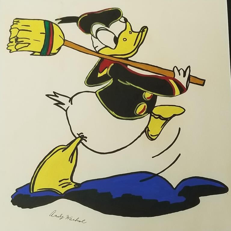 Andy Warhol work on paper- Donald Duck with broom- paper impressed Fabriano (?)- 31"H 30 3/4"W (1 of 11)