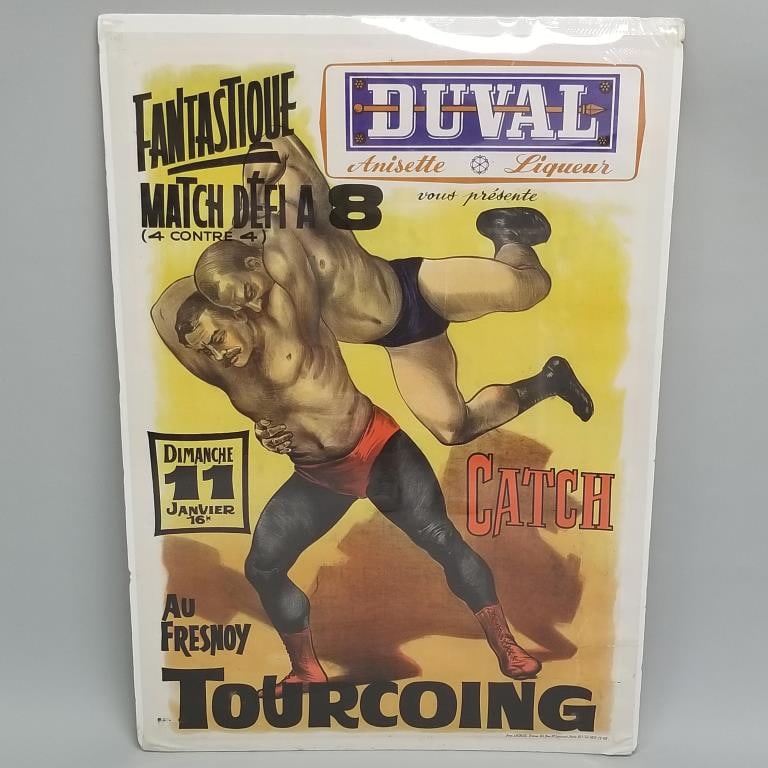 Vintage Duval Liqueur advertising poster- Wrestlers (laid down on paper, some corner roughness)- (1 of 13)