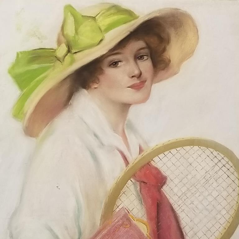Frederick Duncan original pin-up pastel artwork on board 1910 - 1915 (as seen- tear to left side,: Frederick Duncan original pin-up pastel artwork on board 1910 - 1915 (as seen- tear to left side, etc.) 37"H 22 1/2"W O.D. unframed